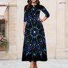 Women Plus Size Keyhole Round Neck 3 4 Sleeve Blue Floral Print Long Maxi Dress