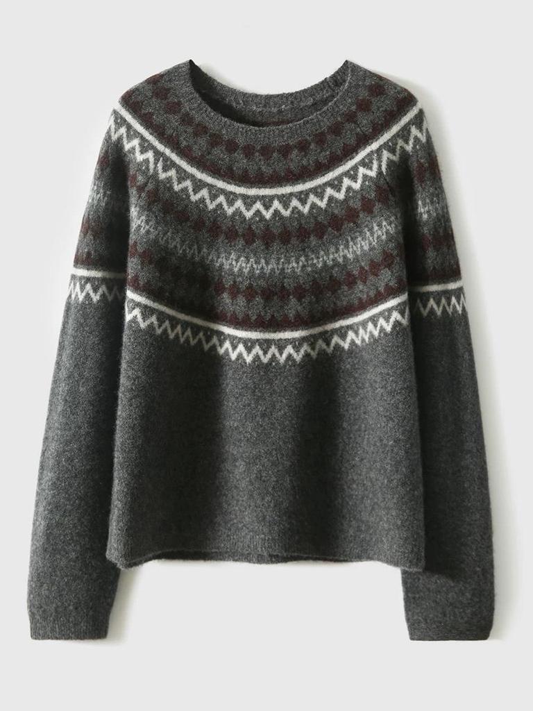 2025 Autumn/Winter Retro Fair Isle Jacquard Round Neck Long Sleeve Sweater