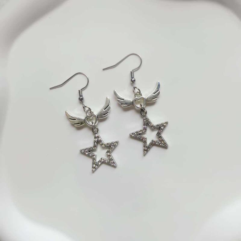 Japanese Sweet Rhinestone Heart and Angel Wings Earrings