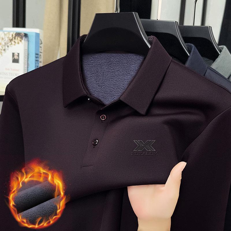 Men's Winter Long Sleeve Polo with Mulberry Silk Lapel, Fleece-Lined, Thickened Business Casual Shirt