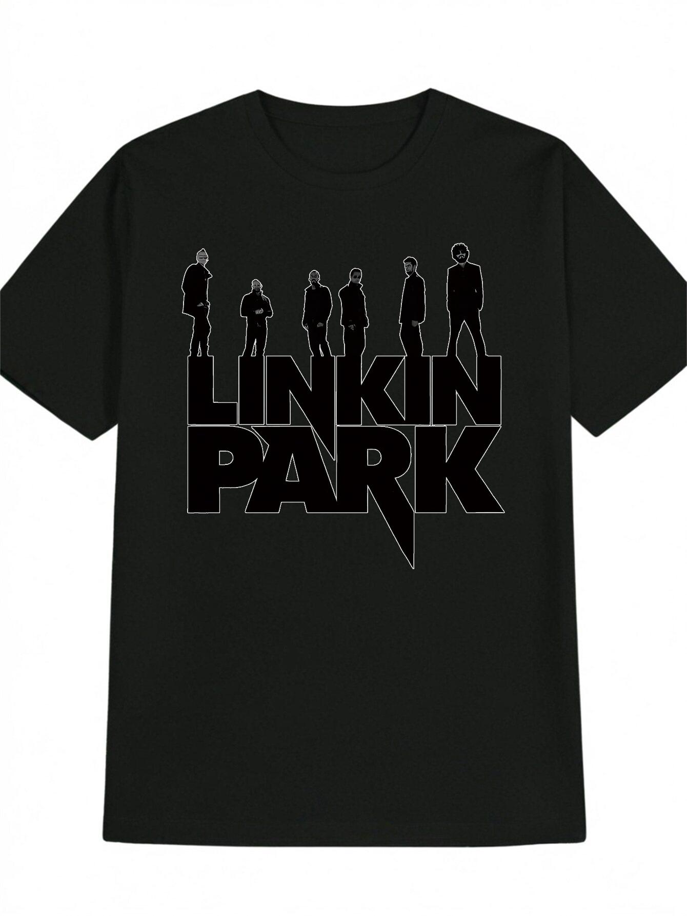 Casual Crew Neck T-shirt with Linkin Park Silhouette Print - Black Graphic Tee L