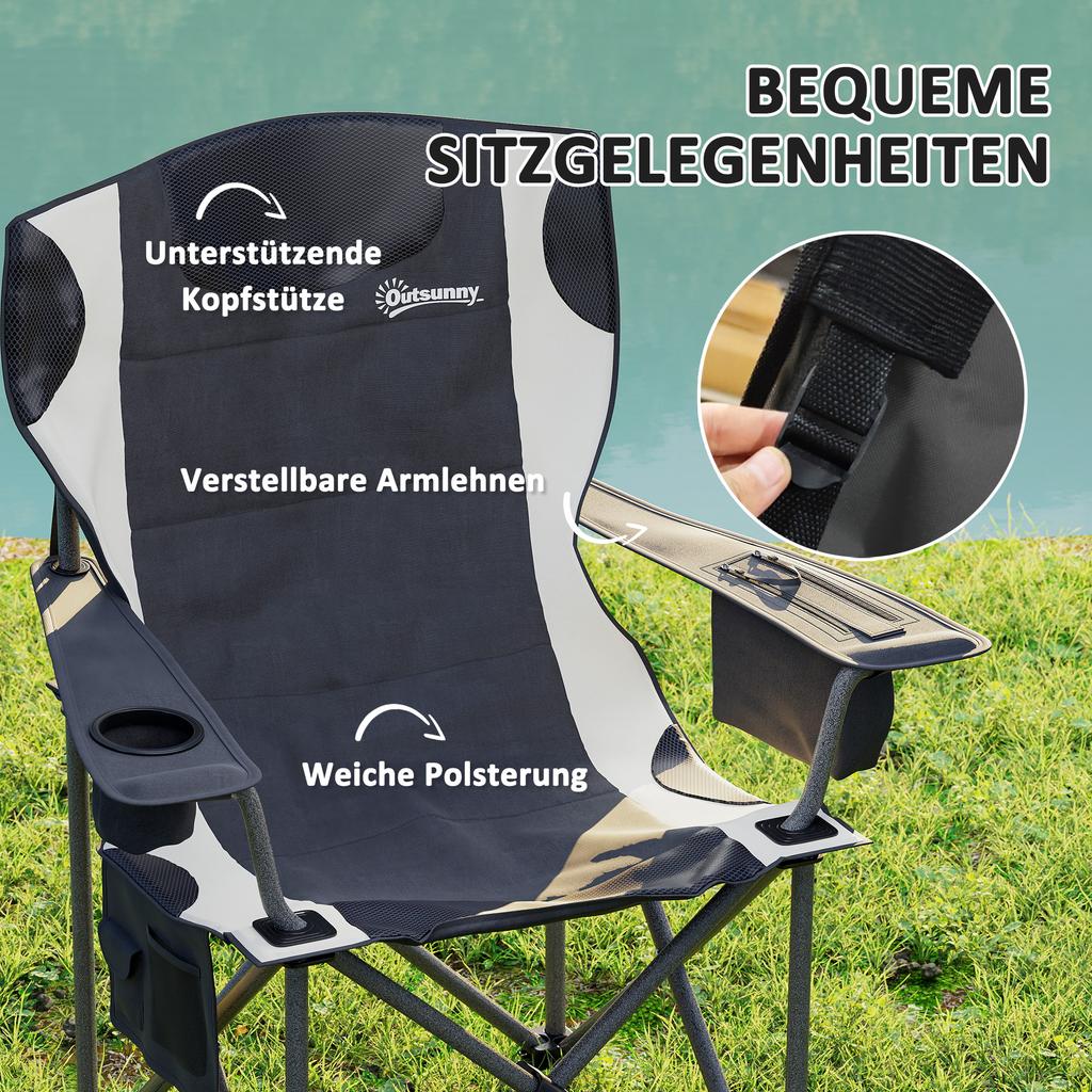 Set of 2 Folding Camping Chairs, Padded Camping Chairs with Adjustable Armrests, Portable & Lightweight Folding Camp Chair with Cooler Bag