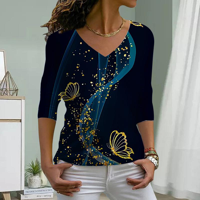 Pink Butterfly Print Women Tshirts Ladies Tops Long Sleeve V-neck Pullover Femme T-shirts T Shirt For Women