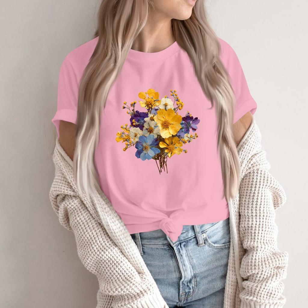Women's Fashion Casual Printed Round Neck Short Sleeved Pullover T-Shirt Top