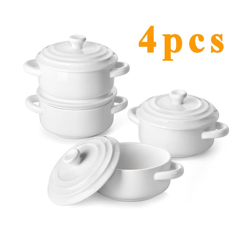 

4Pcs Ceramic Pot Microwave Safe Mini Cocotte Set Individual Baking Ramekins with Double Handle Dishwasher Safe Soup Bowl Set