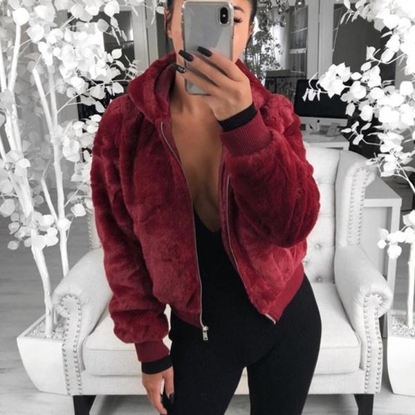 Solid Color Long-sleeved Hooded Coat Fluffy Faux Fur Cardigan Winter Zipper Jacket