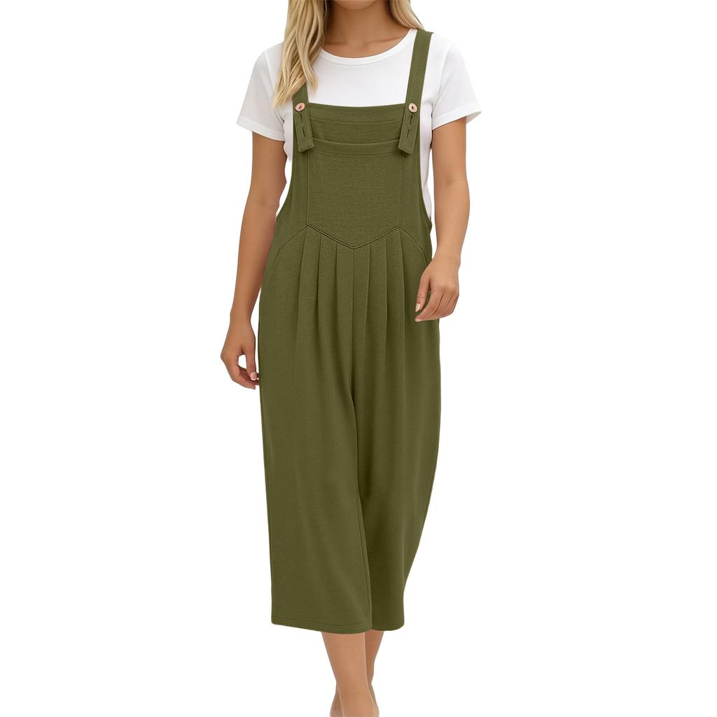 Women Casual Loose Overalls Wide Leg Jumpsuits Sleeveless Cropped Pant Romper with Pockets for Daily Wear