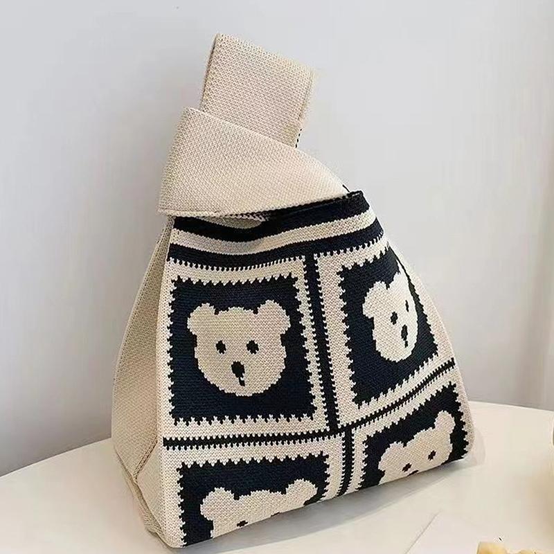 Portable Mini Striped Tote Handmade Knitted Bag Women'S Knot Wrist Bag Bucket Phone Bags Large Capacity Autumn Winter Handbags