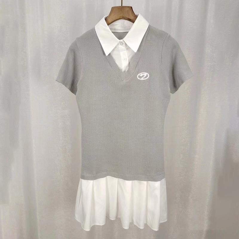 

Платье-двойка в американском стиле с контрастной строчкой, милое облегающее платье А-силуэта с коротким воротником-поло