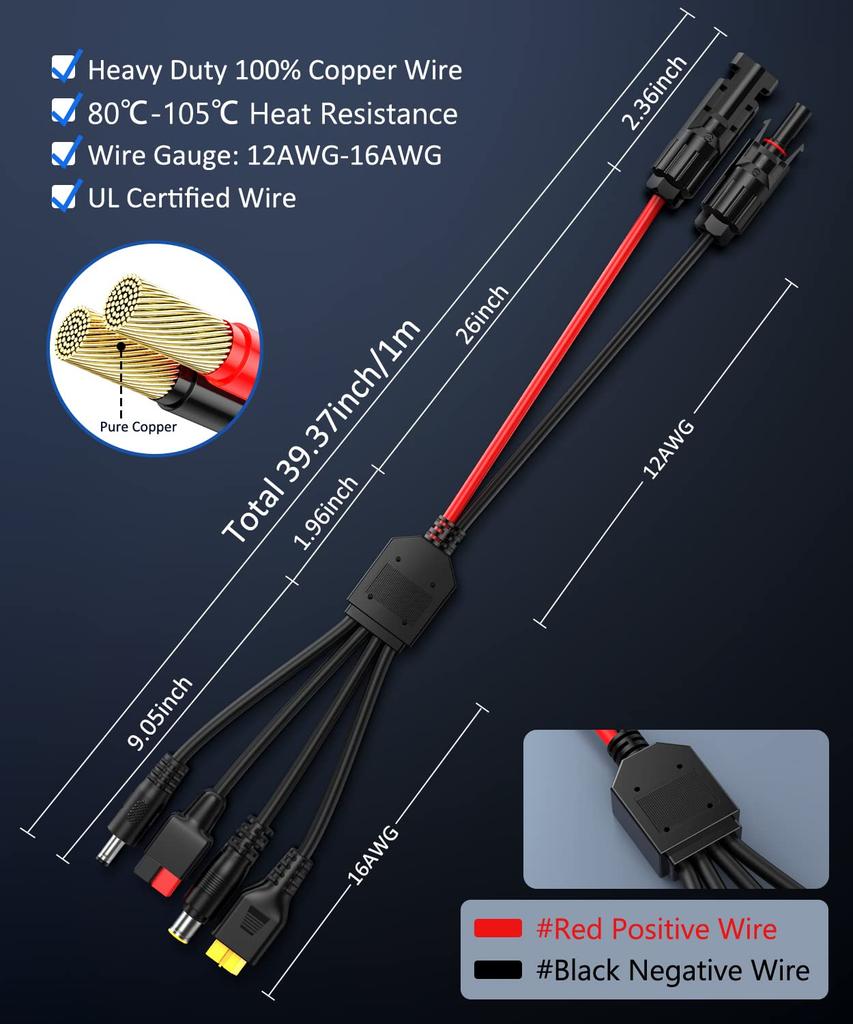 39/70 inch 4-in-1 Solar Panel Connector Extension Cable Splitter Compatible with Anderson Connector DC Adapter Power Plug XT60