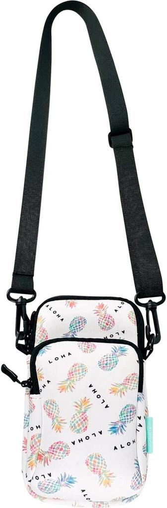 Deze neopreen telefoonhoes is perfect voor korte uitstapjes. Het meet 12 cm breed x 19 cm hoog x 2 cm diep en heeft een ananaspatroon. De voorzak