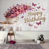 2D Pink Floral Butterfly Birthday Backdrop Elegant Teacup Flower Background for Girls