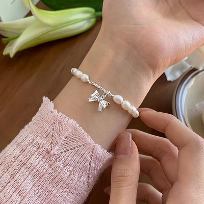 Bransoletka ze srebra próby 925 z kokardą i małymi kawałkami srebra Bransoletka z pereł dla kobiet Niche Advanced Bracelet Ins Przystępna cenowo luksusowa modna biżuteria srebrna