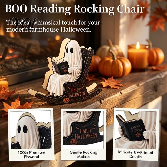 Spooky Bookshelf Ornament Halloween Rocking Chair Ghost/Skeleton Ornament, Wooden Desktop Decoration, Dynamic Skeleton Reader Decor Ghost Figurine for