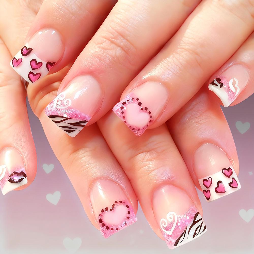 Valentine s Day Press-On Nails: Heart-Shaped, Glossy, Glitter Zebra Print - 24-Piece Manicure Set