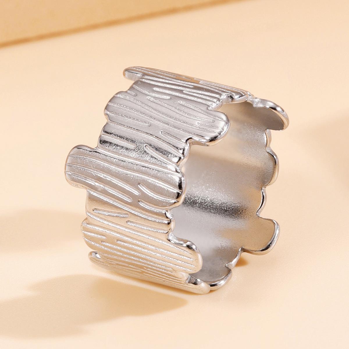 Retro Geometric Irregular Texture Open Stainless Steel Ring, Wide Band, 18K Gold Plated Jewelry