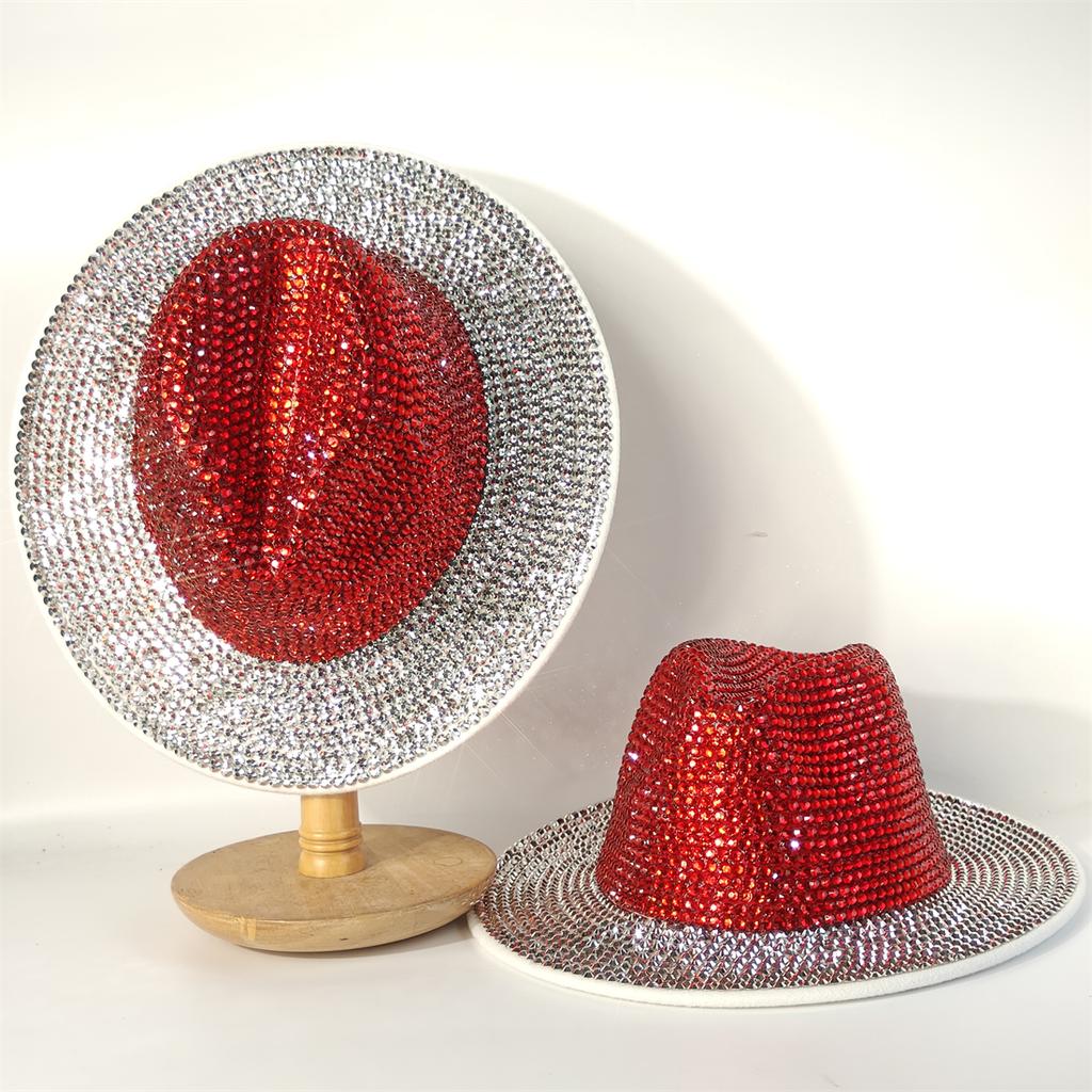 Super Glitzernder Cowboyhut Mit Strasssteinen Unter Den Lichtern Rot/Weiß Fedora Hut Bühnenbankett Hut Modischer Handgefertigter Hut
