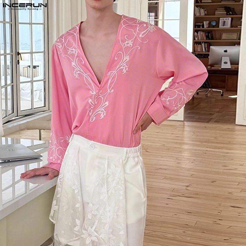 INCERUN Men Deep V Neck Long Sleeve Embroidery Casual Oversized Shirts