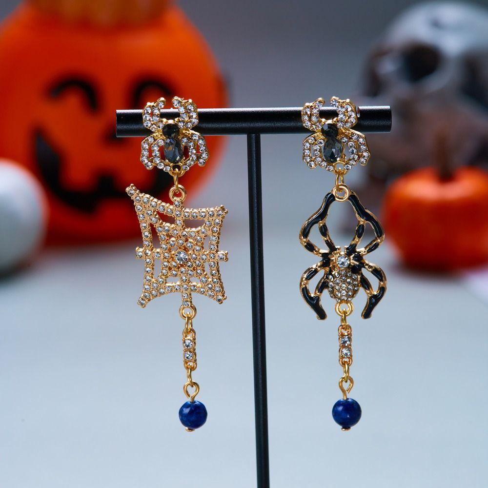 Zircon Halloween Earrings Rhinestone Spider Dangle Earrings Punk Long Tassel Drop Earrings Cosplay