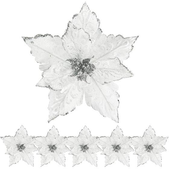 11'' Wide Glittery Christmas Poinsettia Flowers, 6pcs Velvet Poinsettia Flower Picks Glitter Poinsettia Christmas Tree Ornaments, Artificial Flower