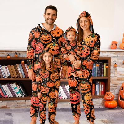 Halloweenový Potisk Rodinný Sladěný S Kapucí Dlouhý Rukáv Se Zipem Kombinéza Set