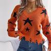 Knit Pullover Sweater Women Long Sleeve V Neck Casual Autumn Winter Star Cut