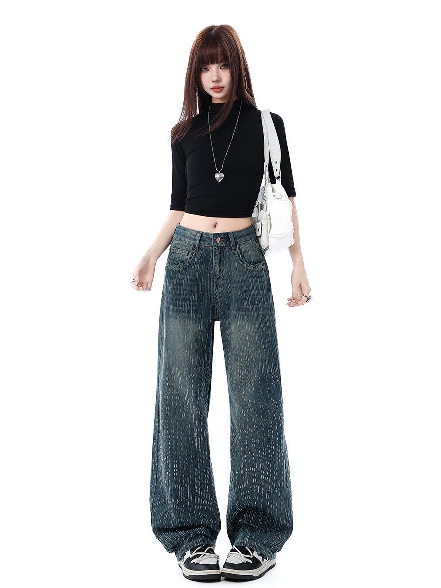 2026 Spring Women s Retro Rhinestone Wide-Leg Jeans XXL