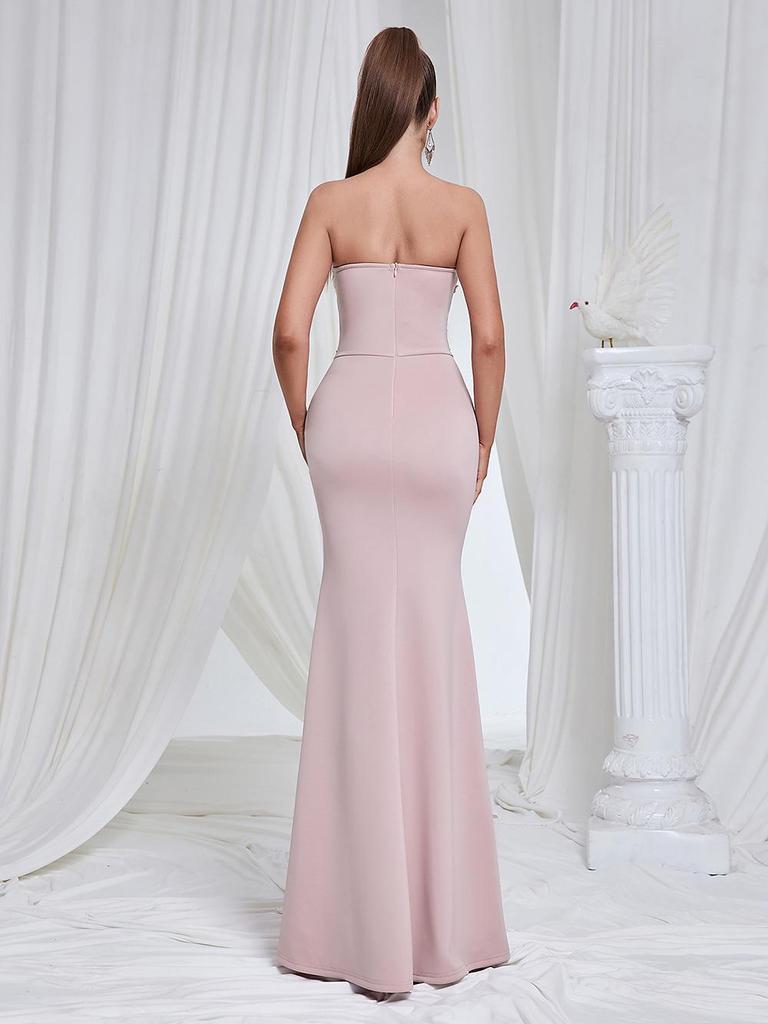 Robe de soirée ajustée à patchwork de blocs de couleur en dentelle sans bretelles style européen américain
