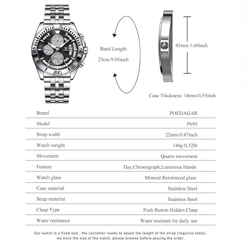 Mens Business Chronograph Watch Stainless Steel Band Luminous Date Waterproof Analog Quartz Dress Wrist Watch