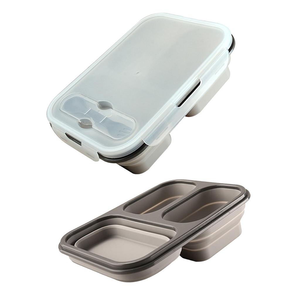 

Silicone Bento Lunch Box 3 Compartment Foldable Lunch Food Container With Spoon Safe In Microwave Dishwasher Freezer сірий колір