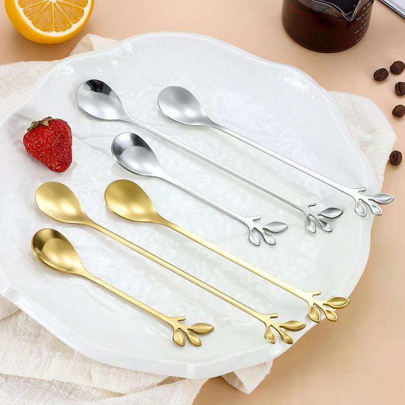 6PCS Creative Personality Stainless Steel Gold Spoons Tree Leaf Spoon Coffee Spoon Tea Spoon Home Restaurant Dessert Cutlery Set