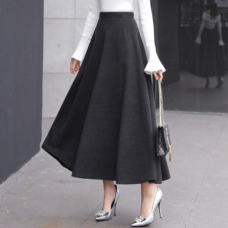 Fusta Tooxika de lână pe jumătate, Fusta lungă cu talie înaltă și tiv mare, Fustă îngroșată în linie A, Fusta umbrelă