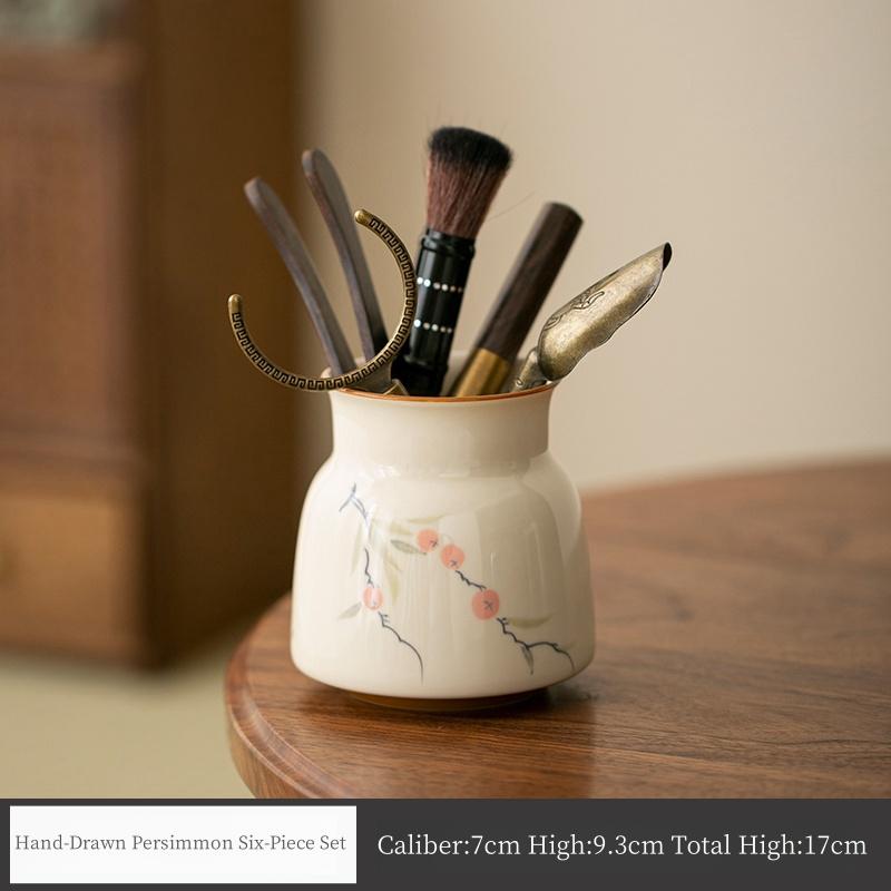 

Hand-Drawn Persimmon Tea Set Kung Fu Tea Ceremony Accessories Storage Chinese Tea Canister Utensils Pen Case Pot Six Pieces Set