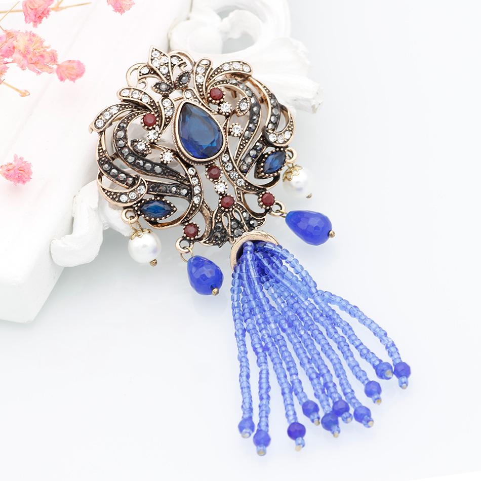 

Модная женская красная брошь из бисера, старинное золото, смоляная кисточка, корсаж, винтажная этническая свадебная бижутерия синий