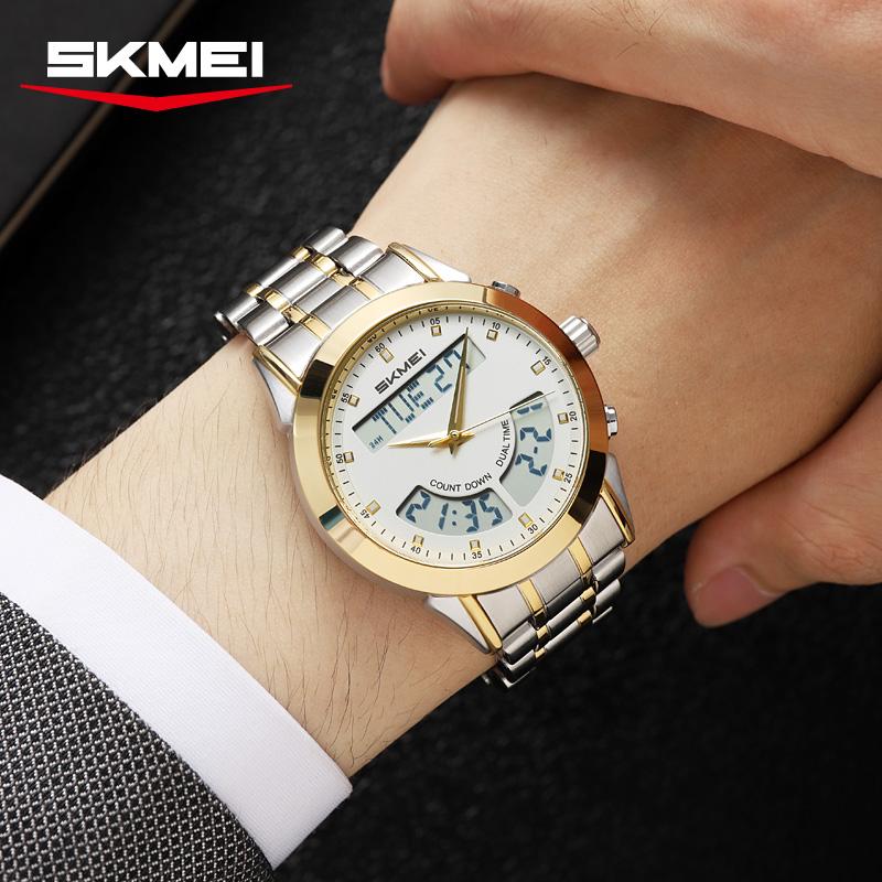 SKMEI 2445 Watch Brand Men's Electronic Quartz Luminous Alarm Clock Countdown Waterproof Stainless Steel Strap Men Digital Watch