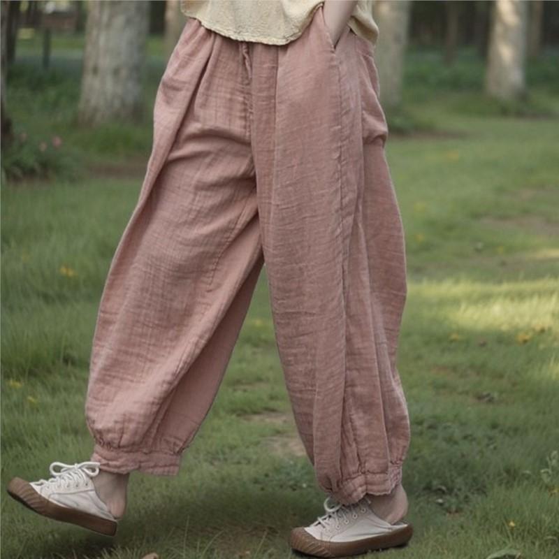 Johnature Damen Vintage Weitbeinige Hosen Frühling Elastischer Bund Locker Weiche Hosen Einfarbig Taschen Damen Hosen