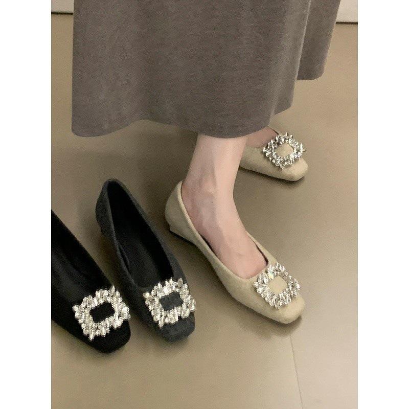 Rhinestone temperament thick heel single shoes women's autumn square head commuting low heel ladyshoes