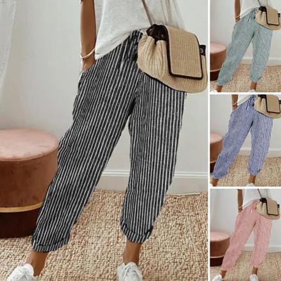 Women Casual Pants Elastic Waist Drawstring Harem Pants with Pockets Vertical Striped Print Beach Office Shopping Daily Long Trousers