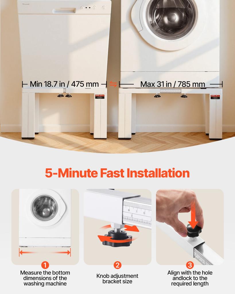 VEVOR Laundry Pedestal, 305 mm Height, Washer and Dryer Pedestals with 544 kg Weight Load Capacity, 475-785 mm Adjustable, Non-Slip Feet