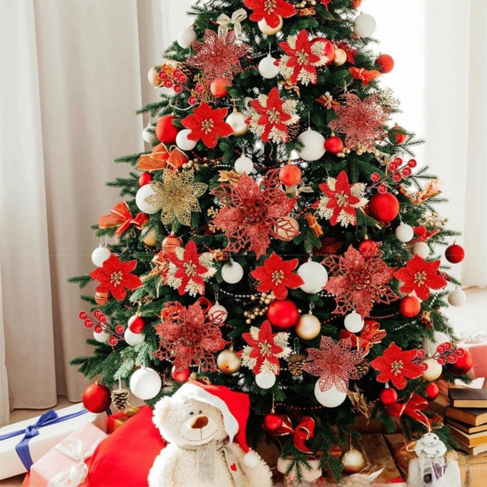 12Pcs With Clips Artificial Christmas Flowers with Stems Multi-color Christmas Floral Decorations Multi-functional Widely Use