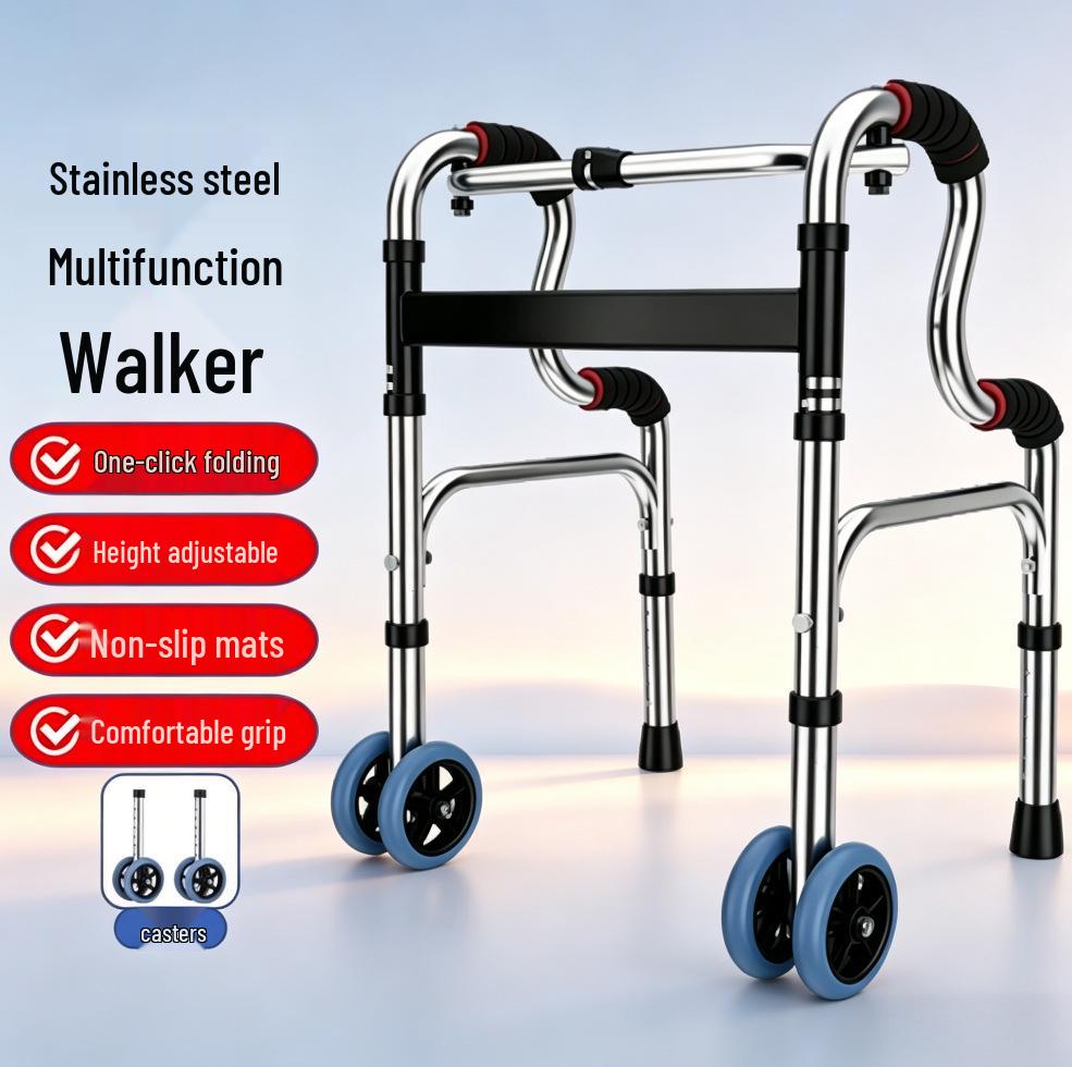 Foldable Adjustable Height Stainless Steel Walker with Wheels for Seniors Double Bend Walker + Double Wheels