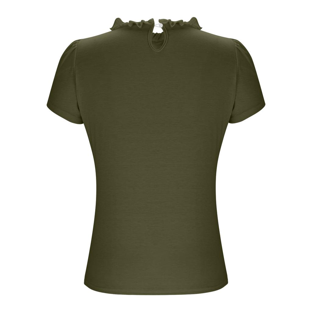 Damen Mode Einfarbig Knopf Rundhals Kurzarm Plissierte Bluse Leichtes Lässiges Oberteil für den Alltag