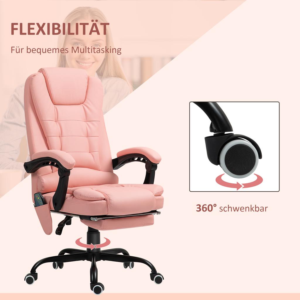 Massage Office Chair, 7 Vibration Points, Adjustable Footrest & Backrest, up to 120 kg, Leather Look, Pink