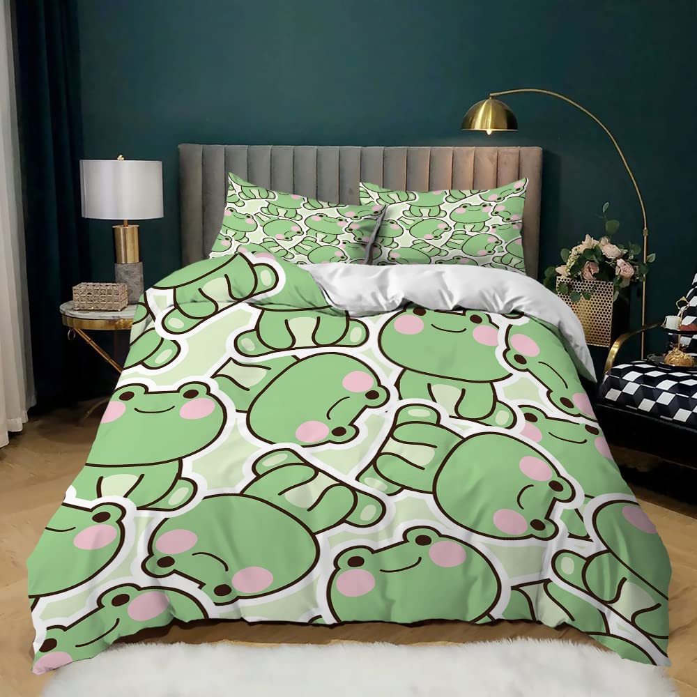 Frog Duvet Cover Set Cute Kawaii Cartoon Frog Pattern King Queen Size Polyester Comforter Cover With Pillowcase For Kids Girls