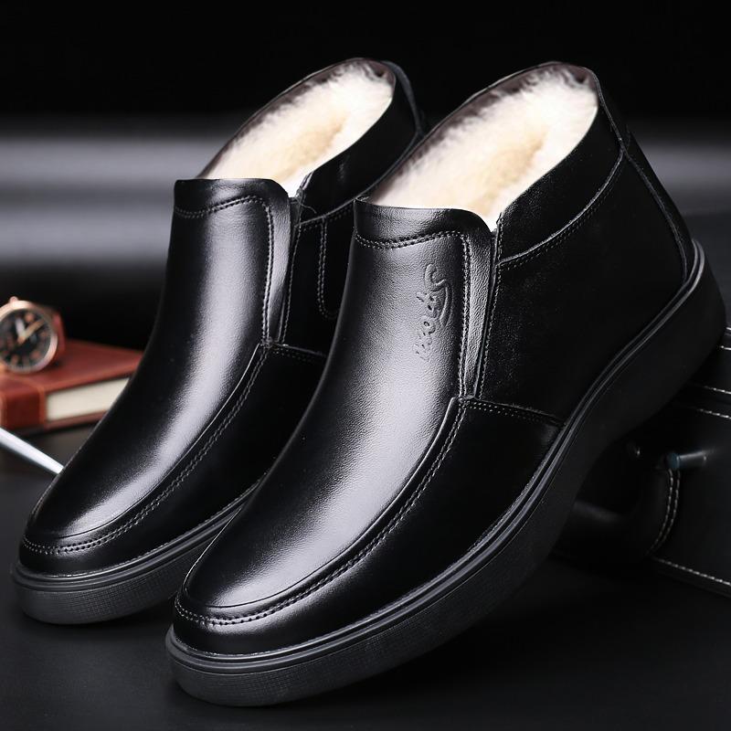 Men's Cotton Shoes Velvet Cotton Leather Shoes Leather Non-slip Dad Shoes Thickened Middle-aged and Elderly Wool Winter Shoes Warm Elderly Shoes