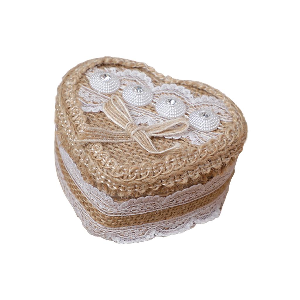Heart-shape Linen Ring Box Jewelry Case Valentine's Day Vintage Country Wed Pastoral Ceremony Natural Ring Setting Storage Box