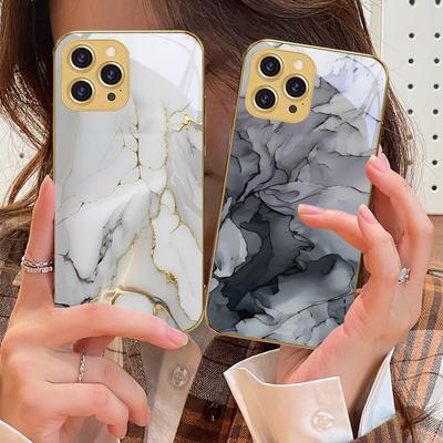 Pink Marble Pattern Black For IPhone 16 Pro Max 15 P Ro 14 13 Plus 12 Mini 11Pro Max XS Max XR Golden Tempered Glass Phone Case