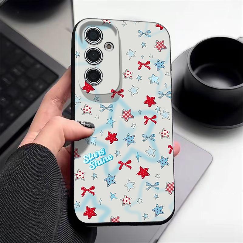 Blauer Stern Schleifen Muster Hülle Für Samsung Galaxy S25 Edge S24 Ultra S23 S22 Plus S21 FE S26 Ultra Lederstruktur Silikonhülle