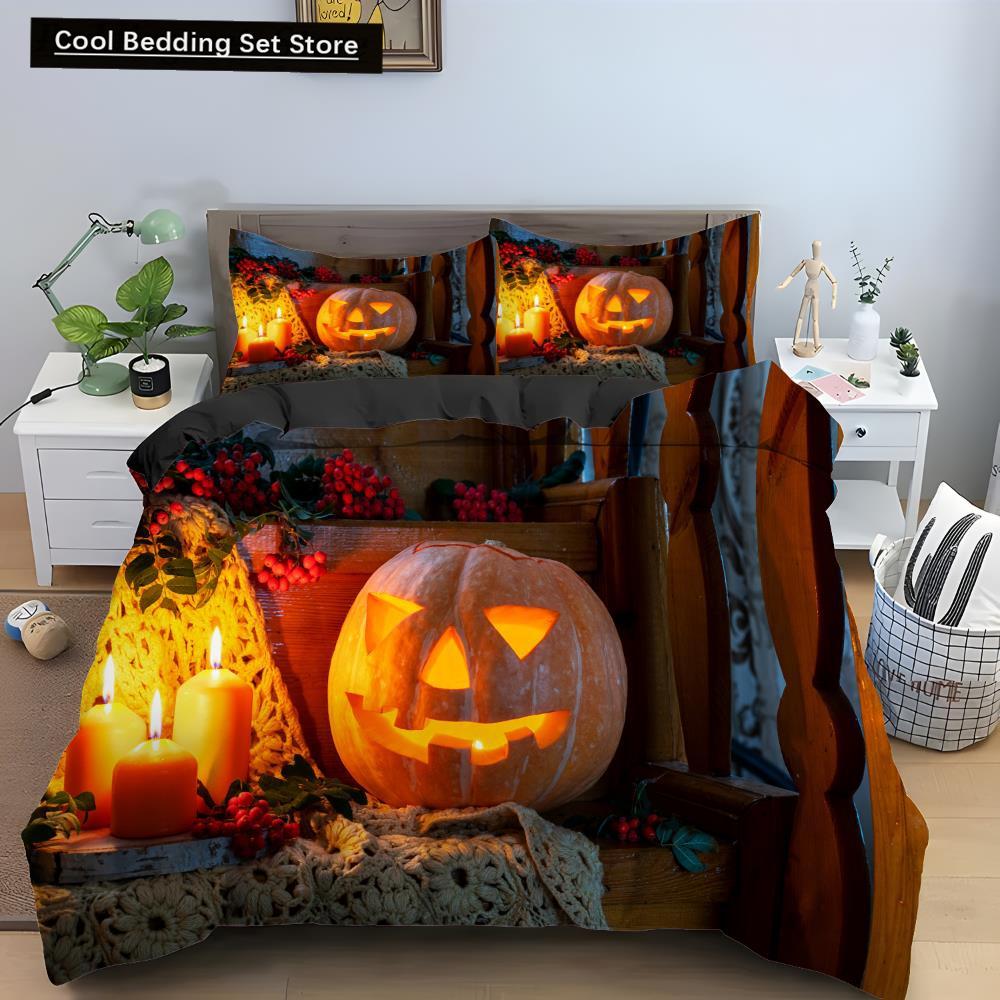 Halloween Horror Pumpkin King Queen Duvet Cover Night Witch Bedding Set Bat Moon Quilt Cover 2/3pcs Polyester Comforter Cover