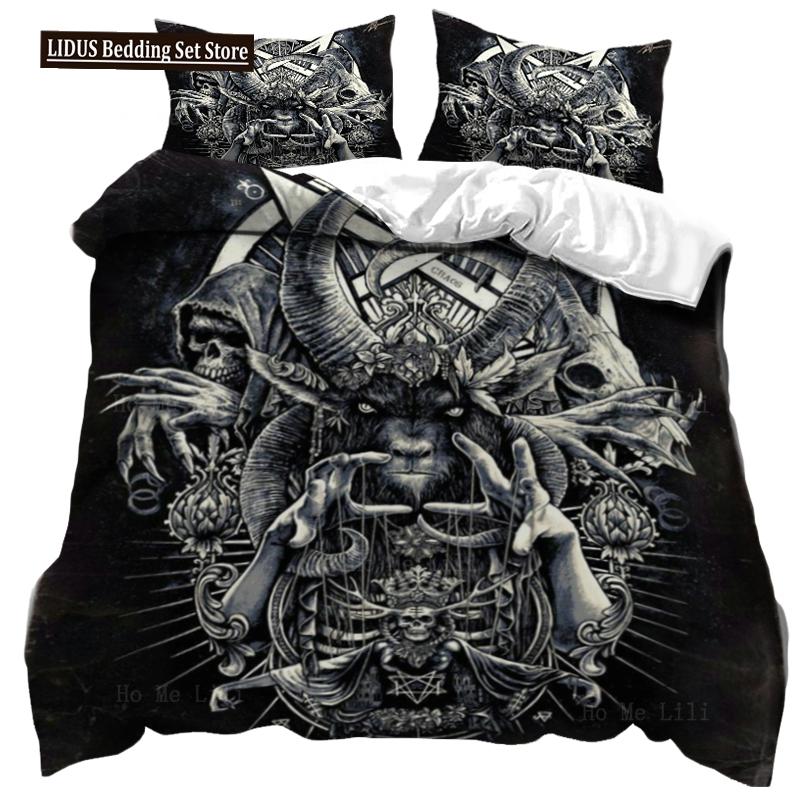 Dark Satanic Duvet Cover Set Satan Goat Inverted Pentagram Skull Bedding Set Full King Size Bed Set Bedroom Comforter Cover Set